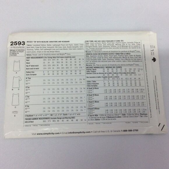 Simplicity Cynthia Rowley Sewing Pattern 2593 Womens Top/Headband Sz 14-22 Uncut - Picture 5 of 5